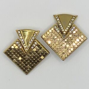 Vintage Whiting & Davis Clip-On Earrings Gold Geometric Honeycomb Rhinestone 80s